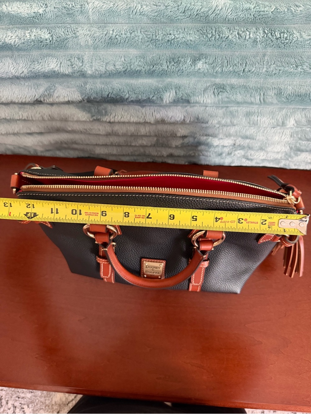 Dooney & Bourke Black Pebbled Leather Satchel with Brown Trim and Tassel - Picture 5 of 8